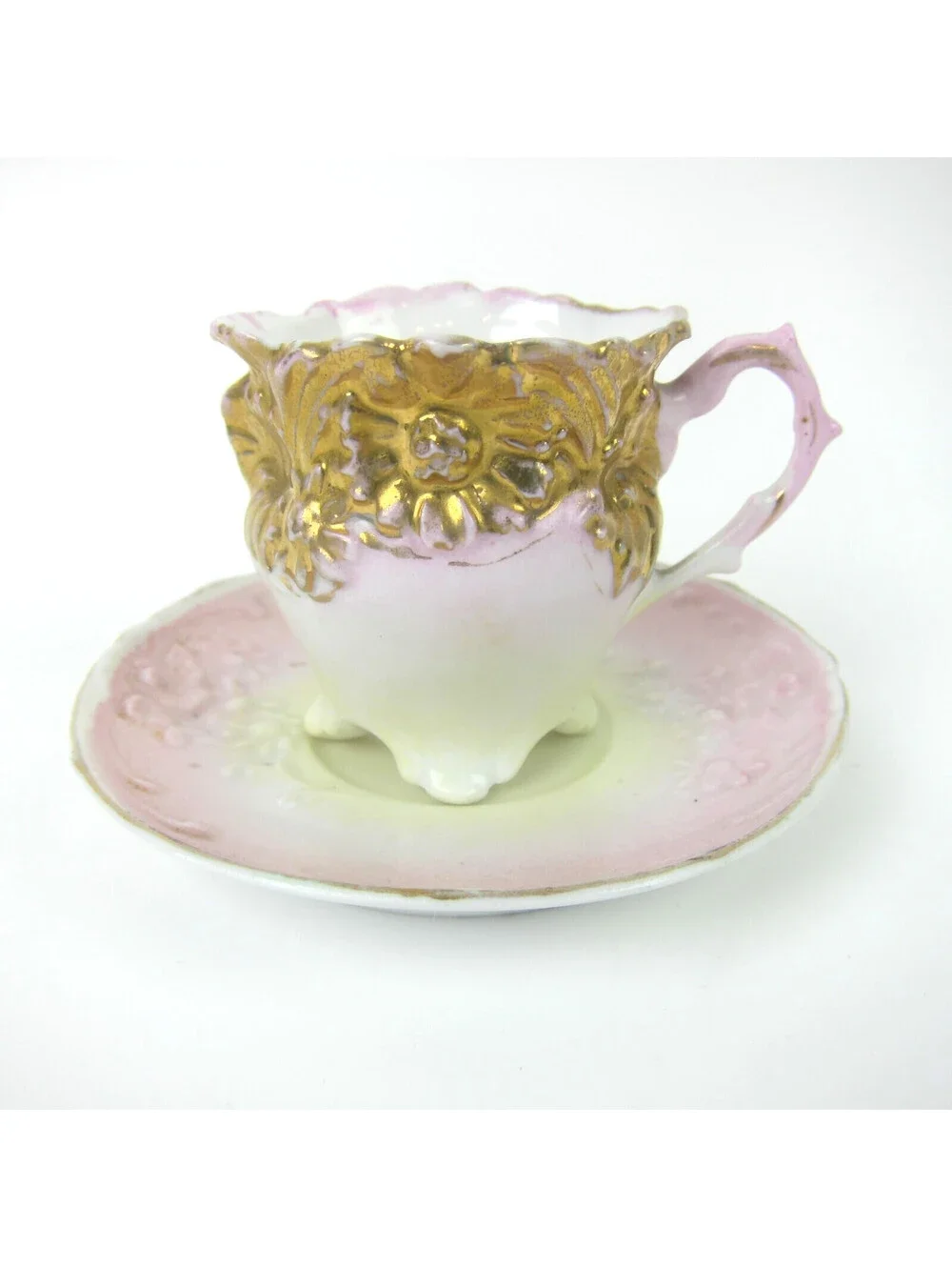 Antique Porcelain Footed Tea Cup & Saucer Set Pink Yellow Gold Floral Demitasse